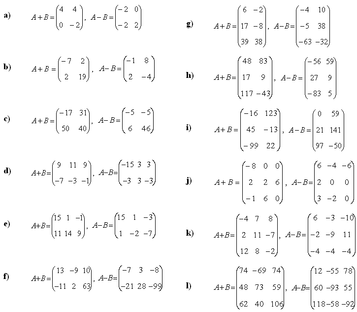 Sum, difference and product of matrices - Answers to Exercise 1